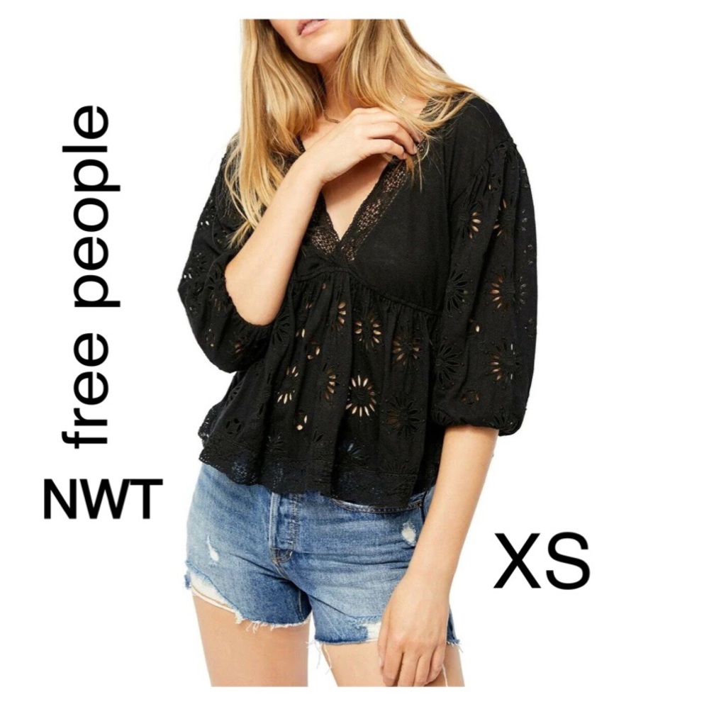 NWT Free People sweeter side black eyelet boho peplum top plunge V neck XS $128